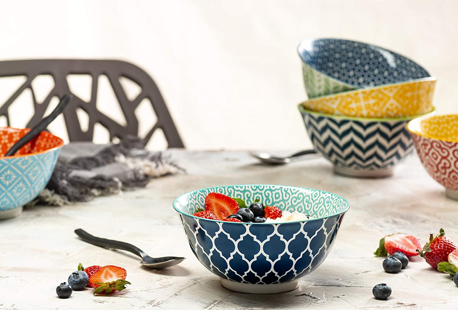 Geometric Ceramic Cereal Bowls, Set of 6