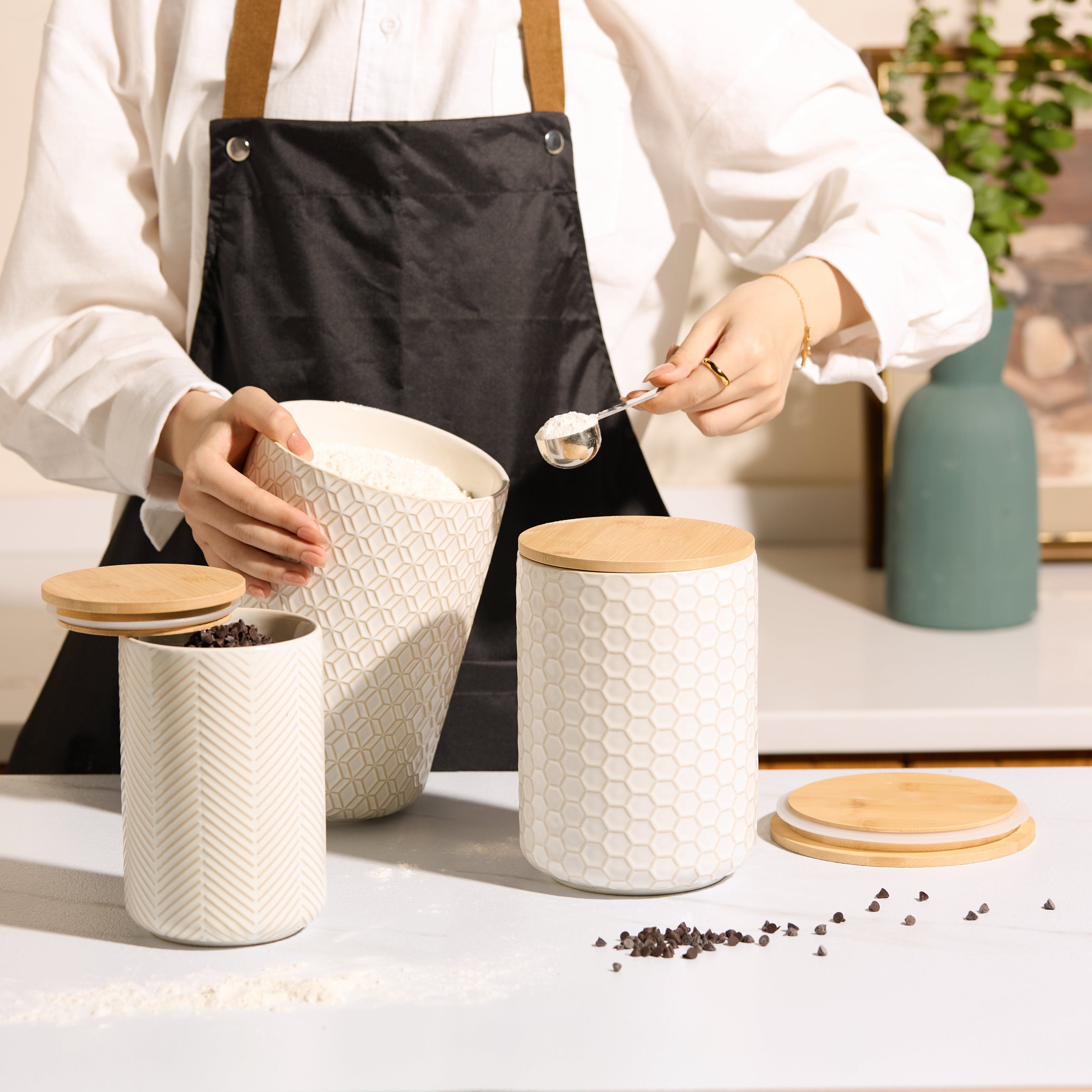 Embossed Ceramic Storage Containers, Set of 3, Ivory