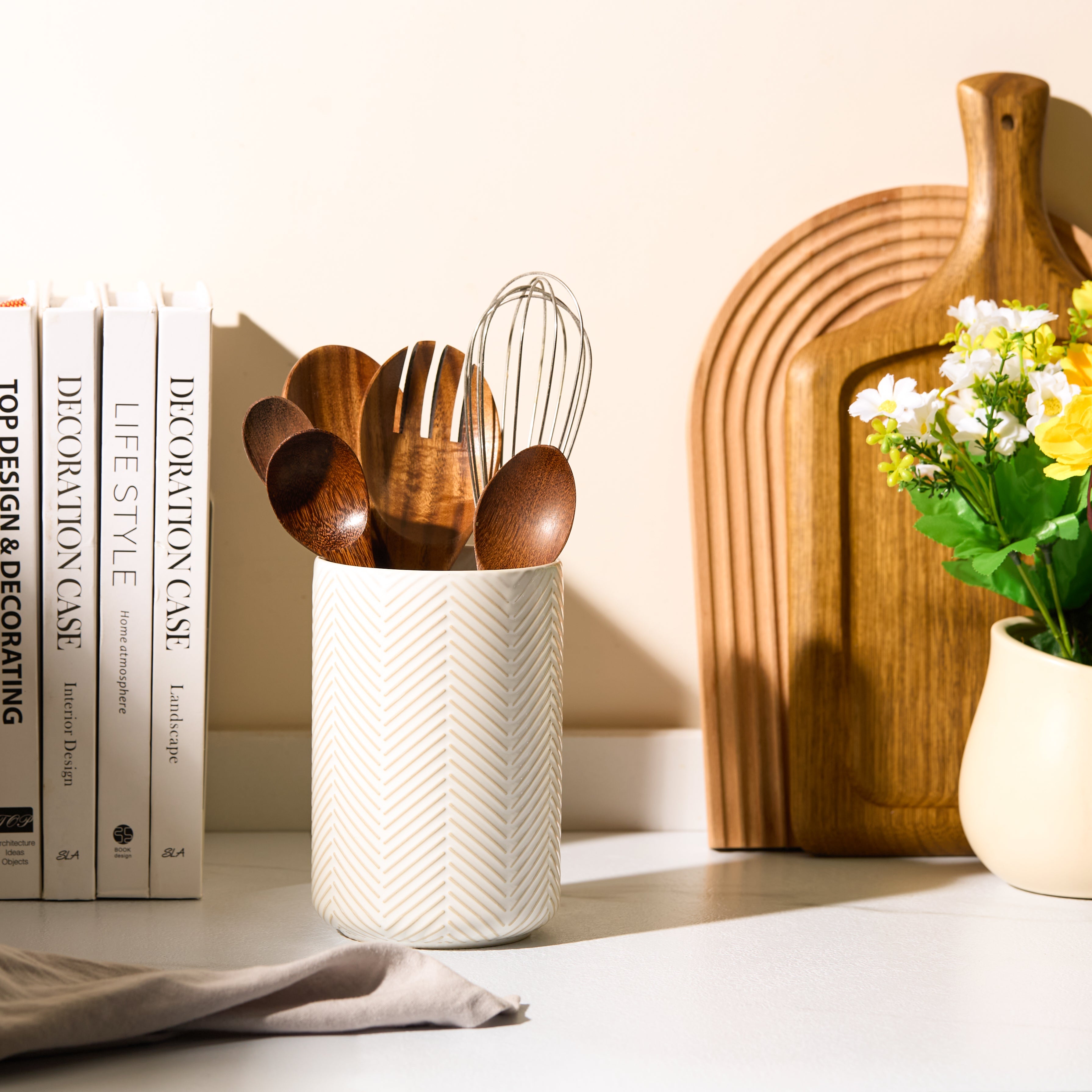 Embossed Ceramic Storage Containers, Set of 3, Ivory