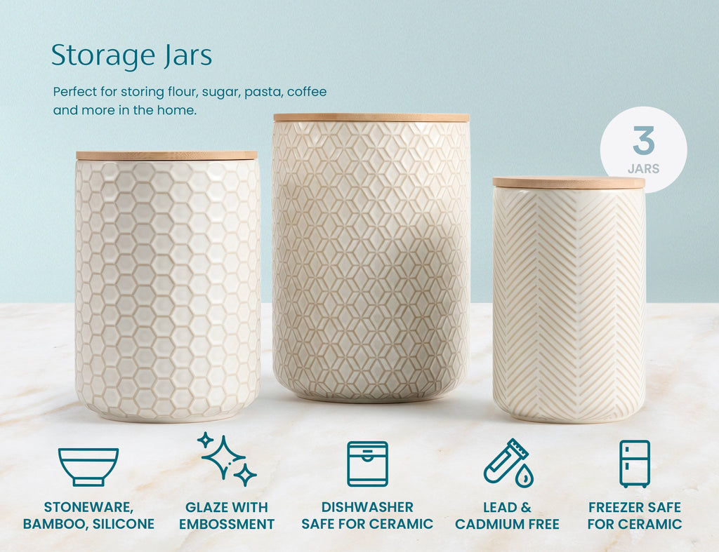 Embossed Ceramic Storage Containers, Set of 3, Ivory
