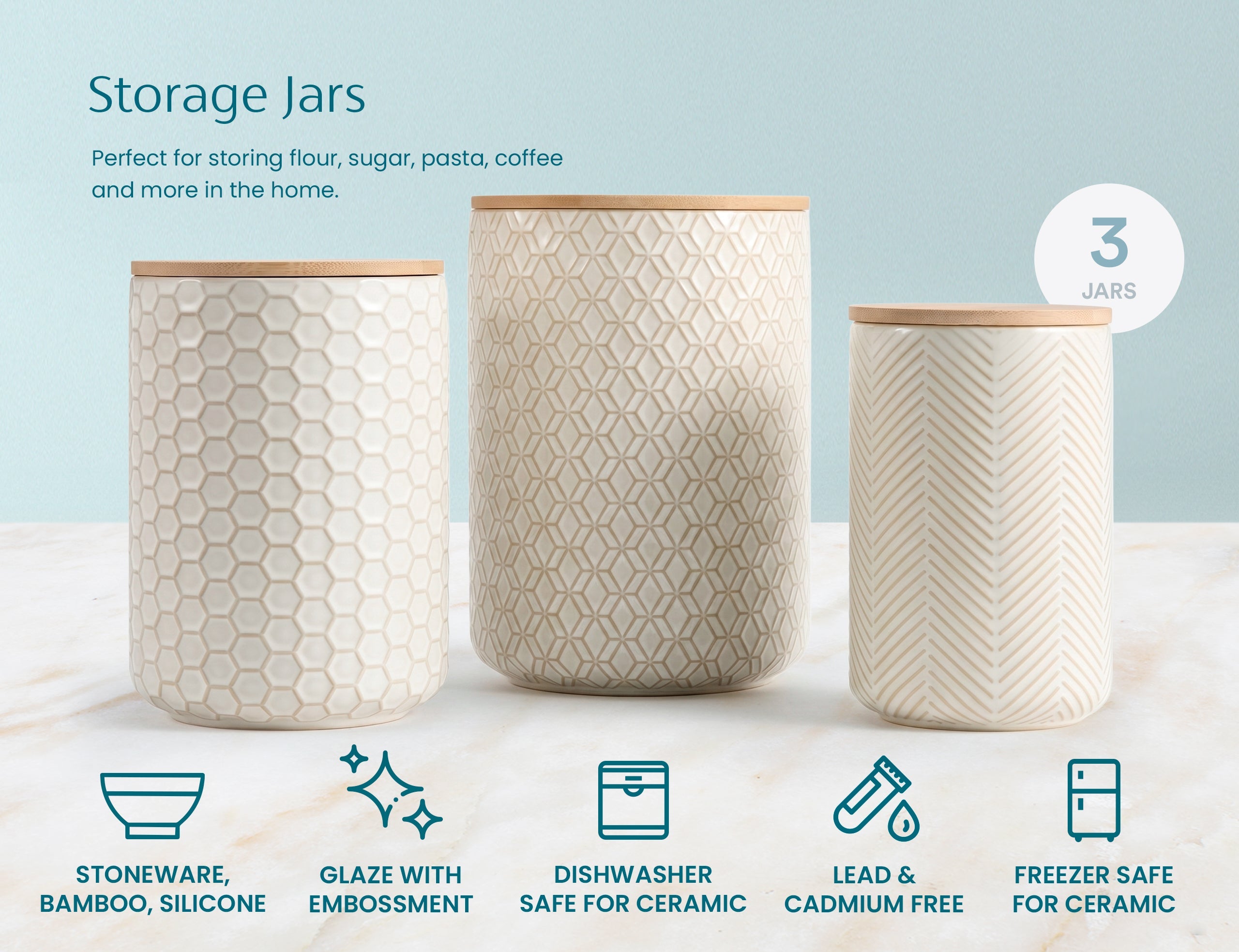 Embossed Ceramic Storage Containers, Set of 3, Ivory