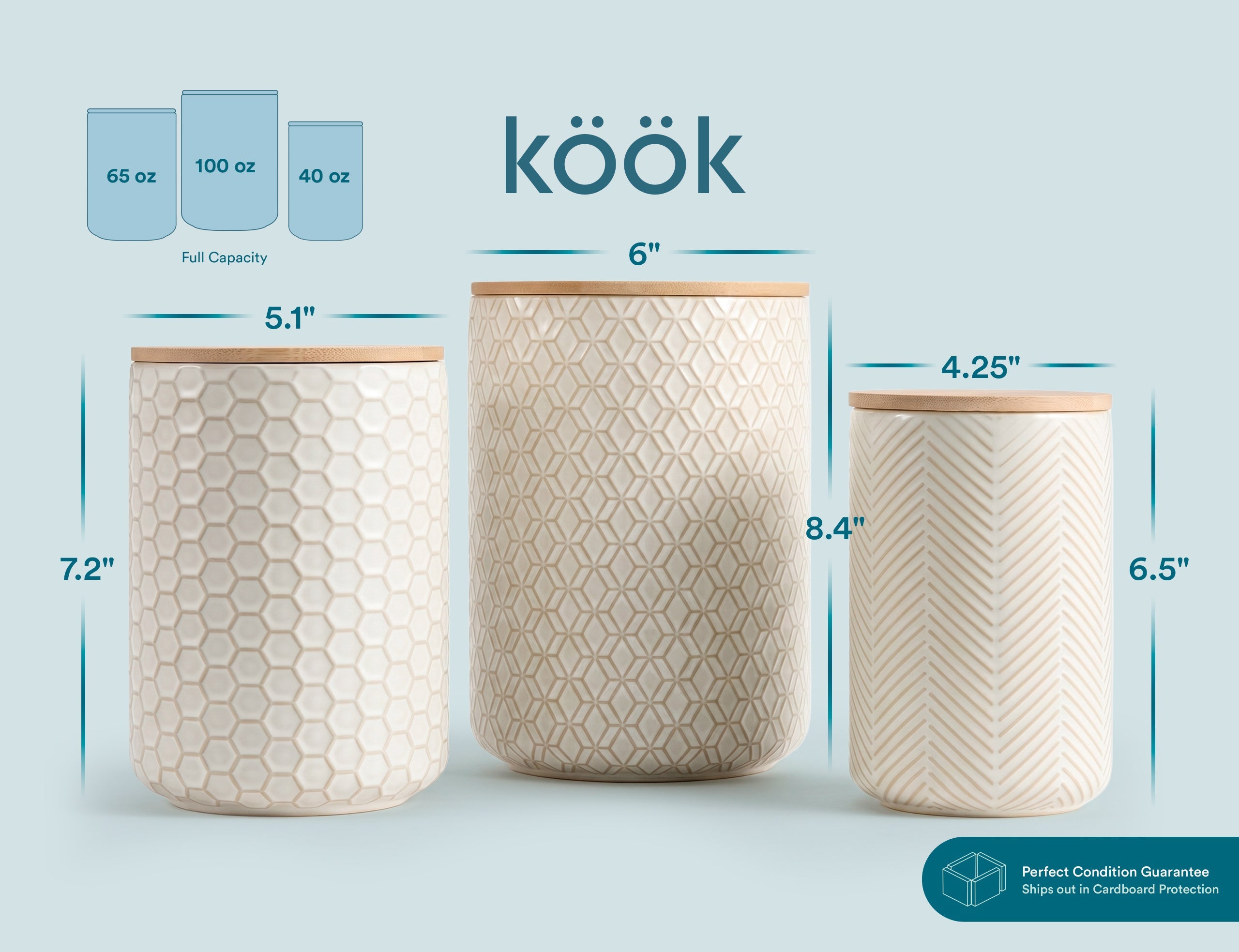 Embossed Ceramic Storage Containers, Set of 3, Ivory