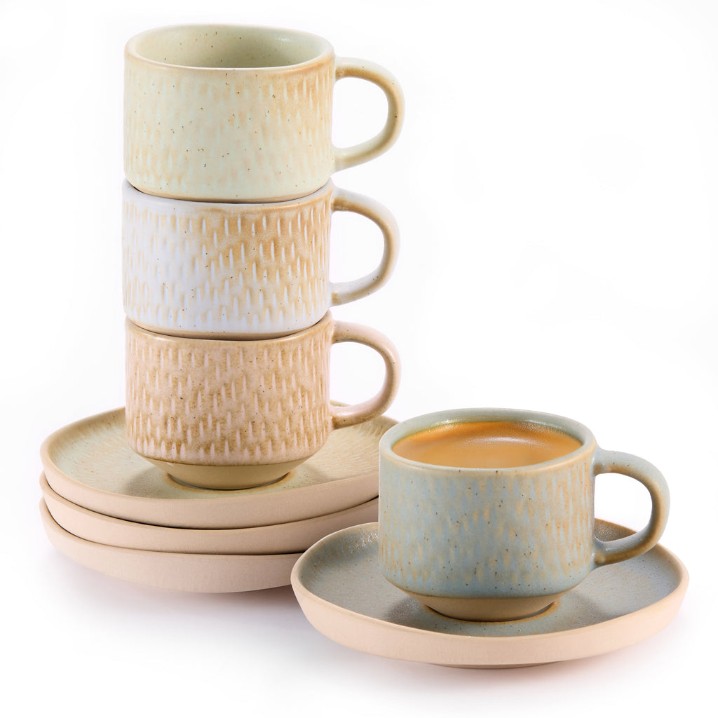 Espresso Mug and Saucer Set, Set of 4, Neutral Multicolor