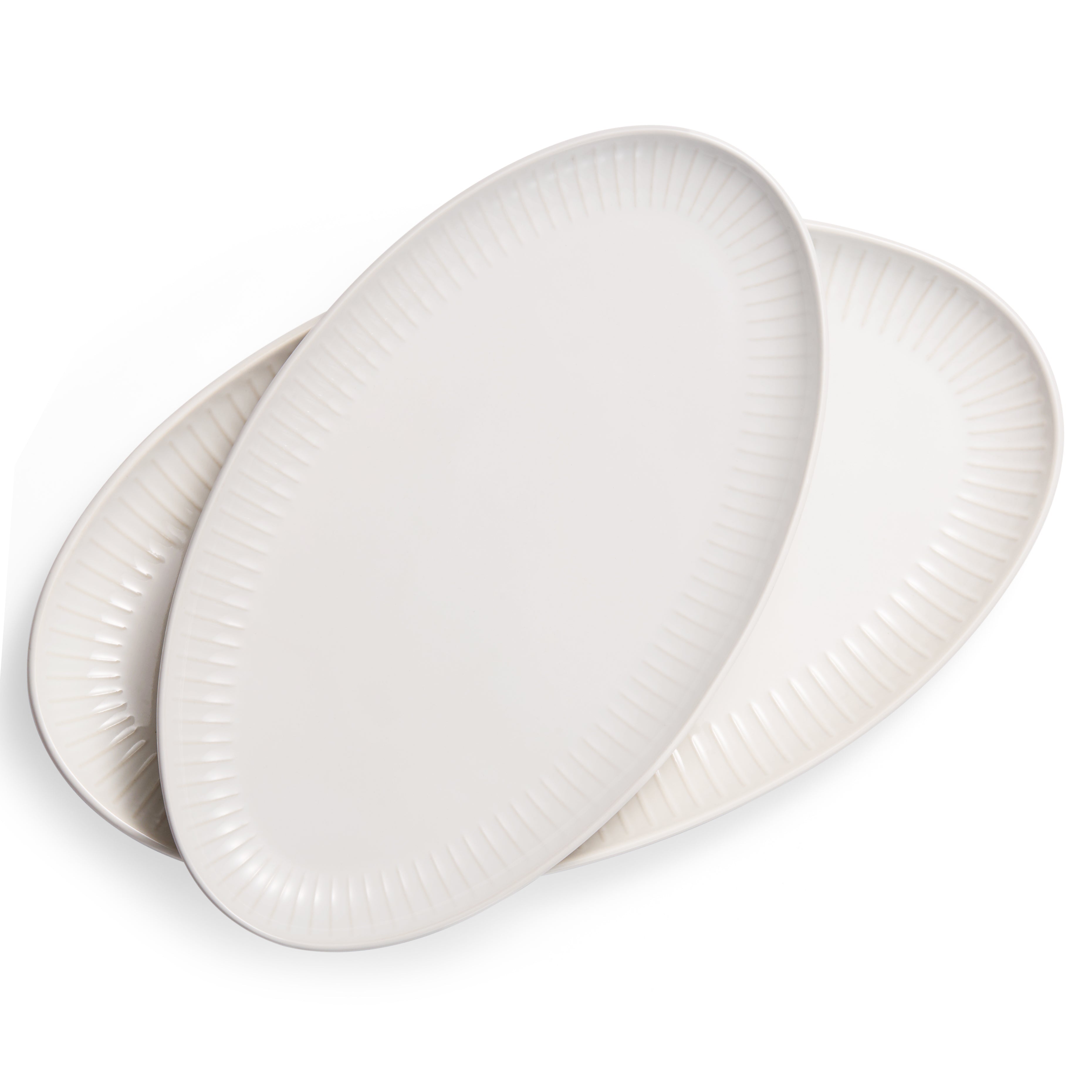 Serving Dishes, Powder White, Oval Shape, Ribbed Rim, Set of 2