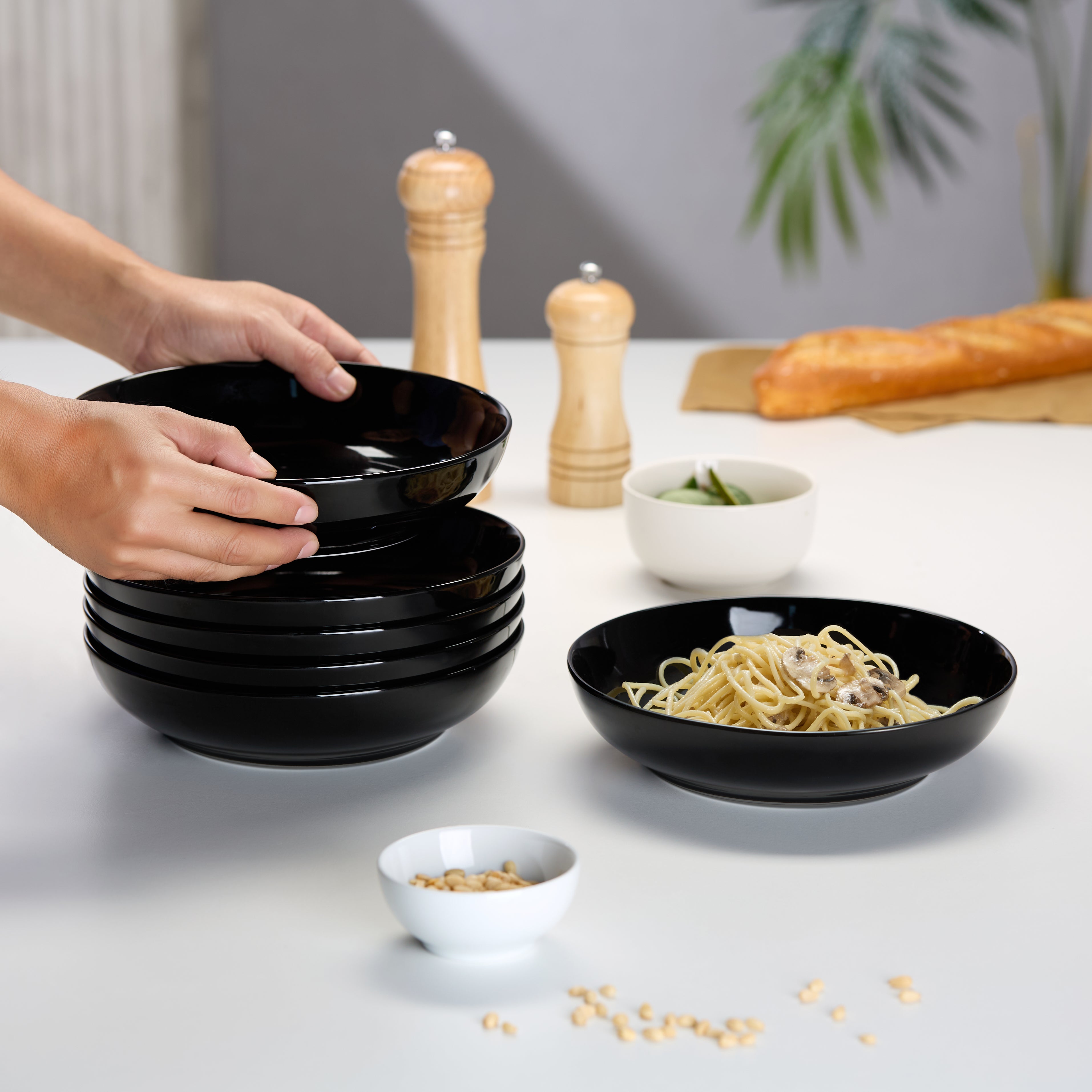 Ceramic Pasta Bowls, Black, 32 oz, Set of 6