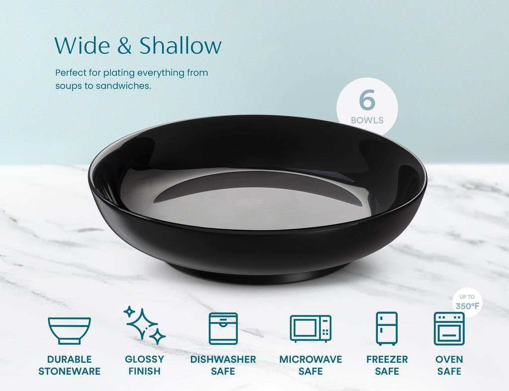 Ceramic Pasta Bowls, Black, 32 oz, Set of 6