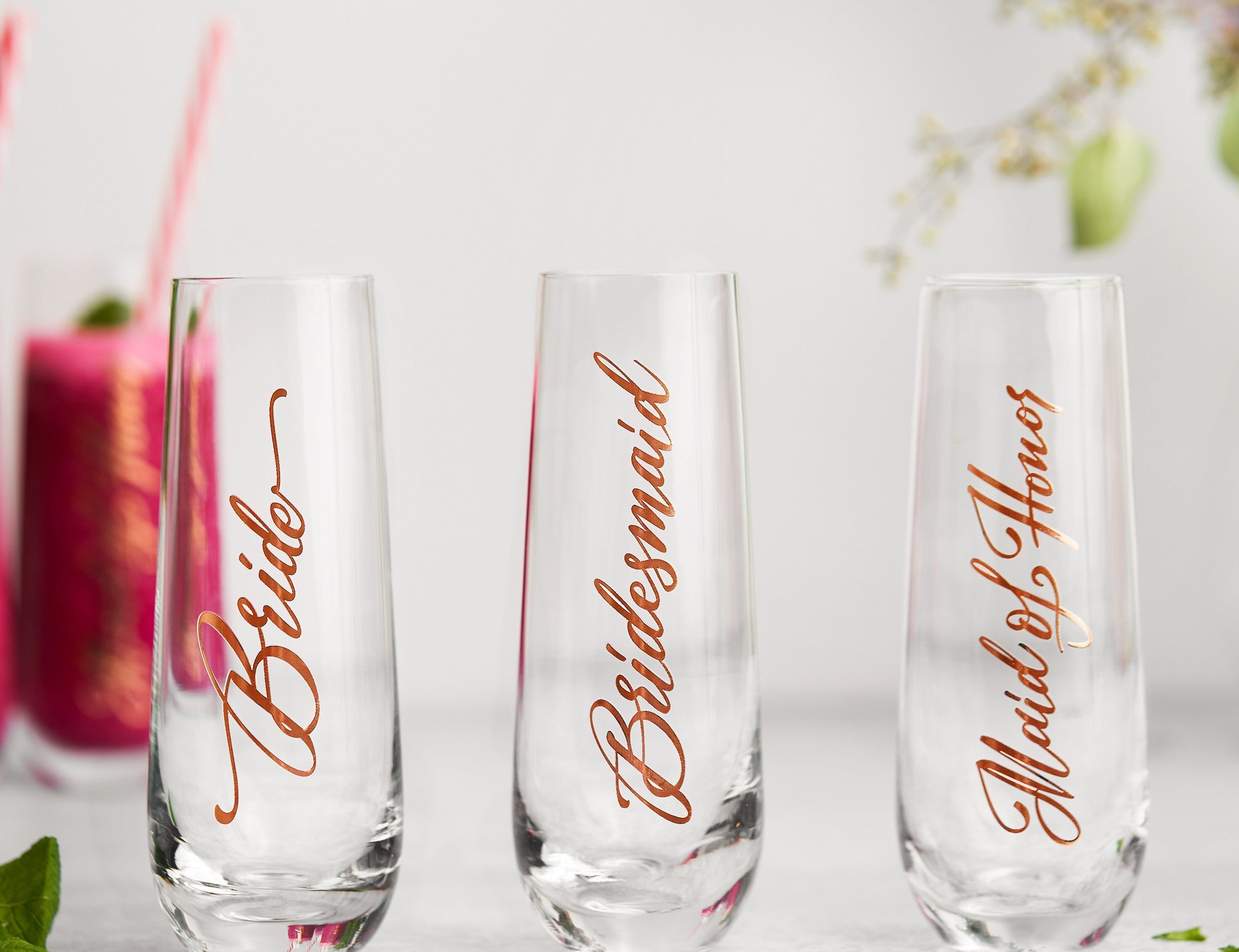Bridal Stemless Champagne Flutes, 10.5 oz, Set of 8
