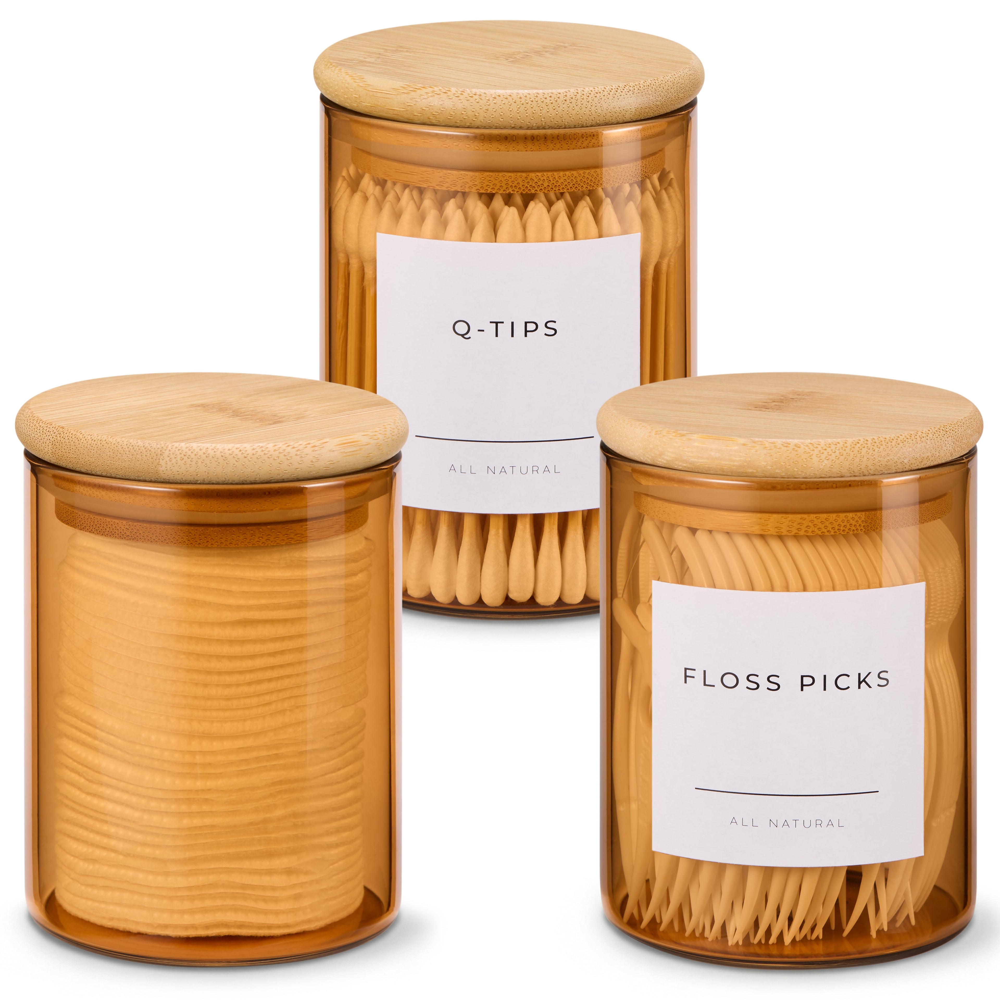 Mini Glass Apothecary Jars with Bamboo Lids, Set of 3, 10 oz