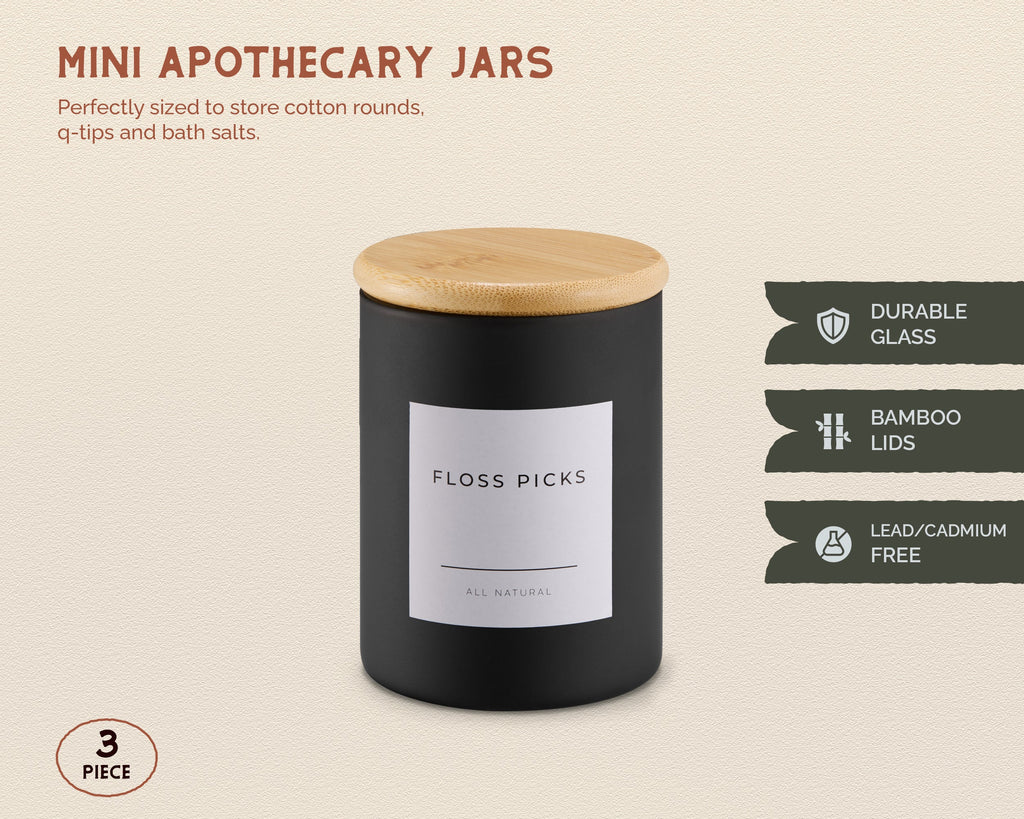Mini Glass Apothecary Jars with Bamboo Lids, Set of 3, 10 oz